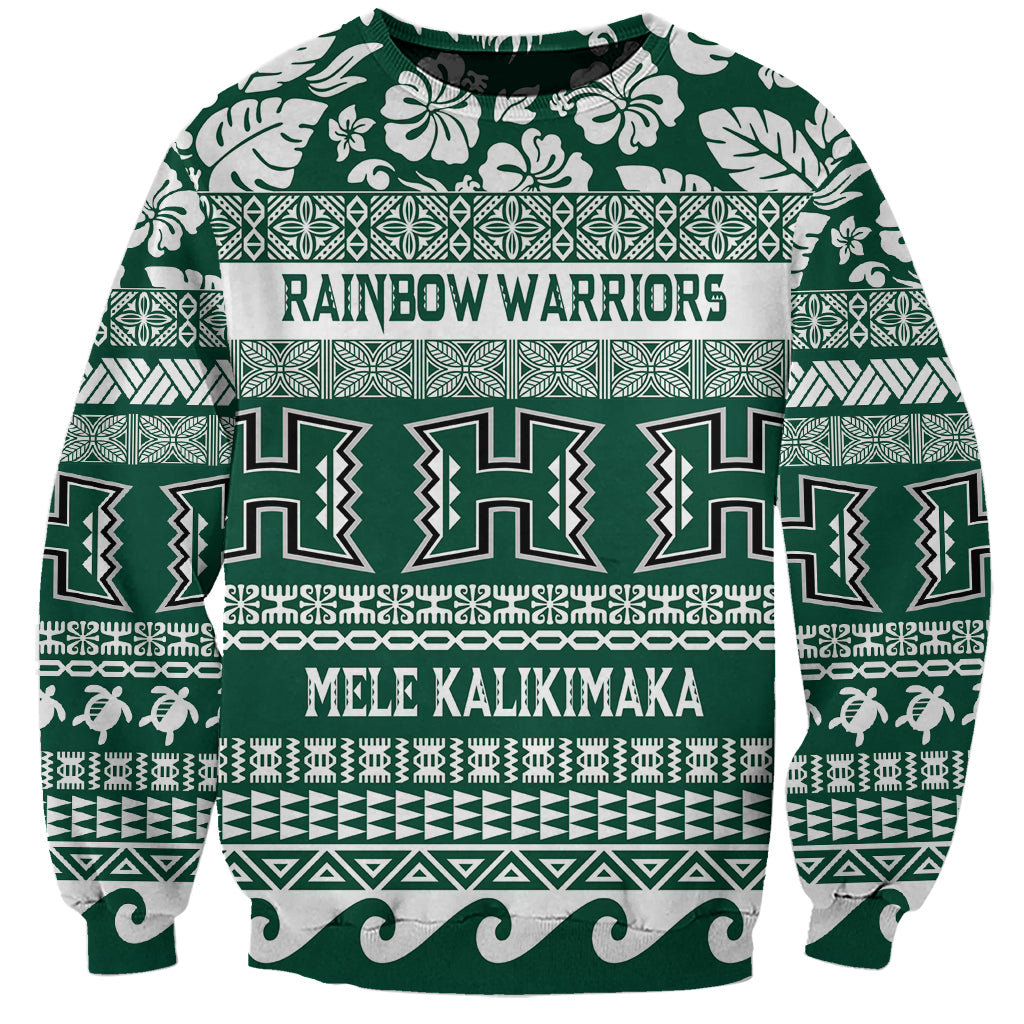 Hawaii Rainbow Warriors Christmas Sweatshirt Kakau Motifs LT7 Unisex Green - Polynesian Pride