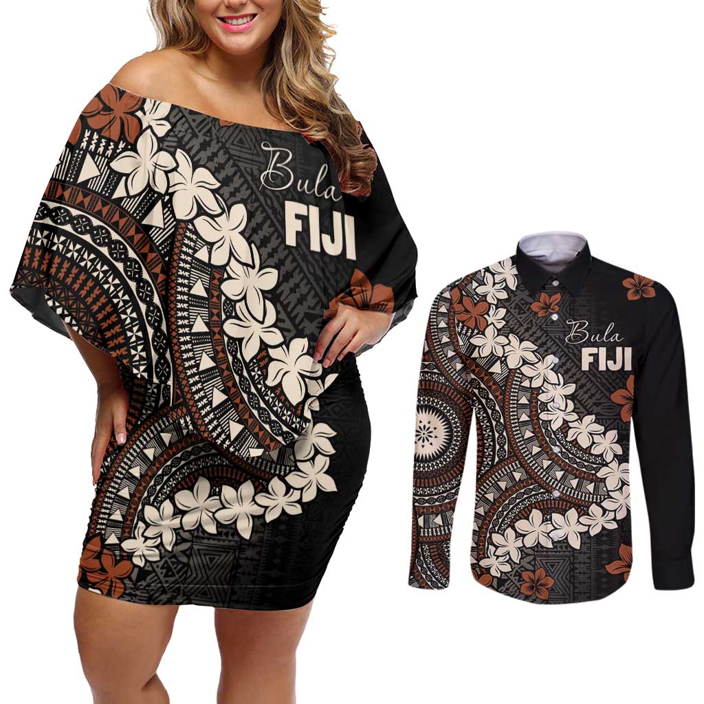Bula Fiji Women's Day Couples Matching Off Shoulder Short Dress and Long Sleeve Button Shirt Classic Masi Tapa