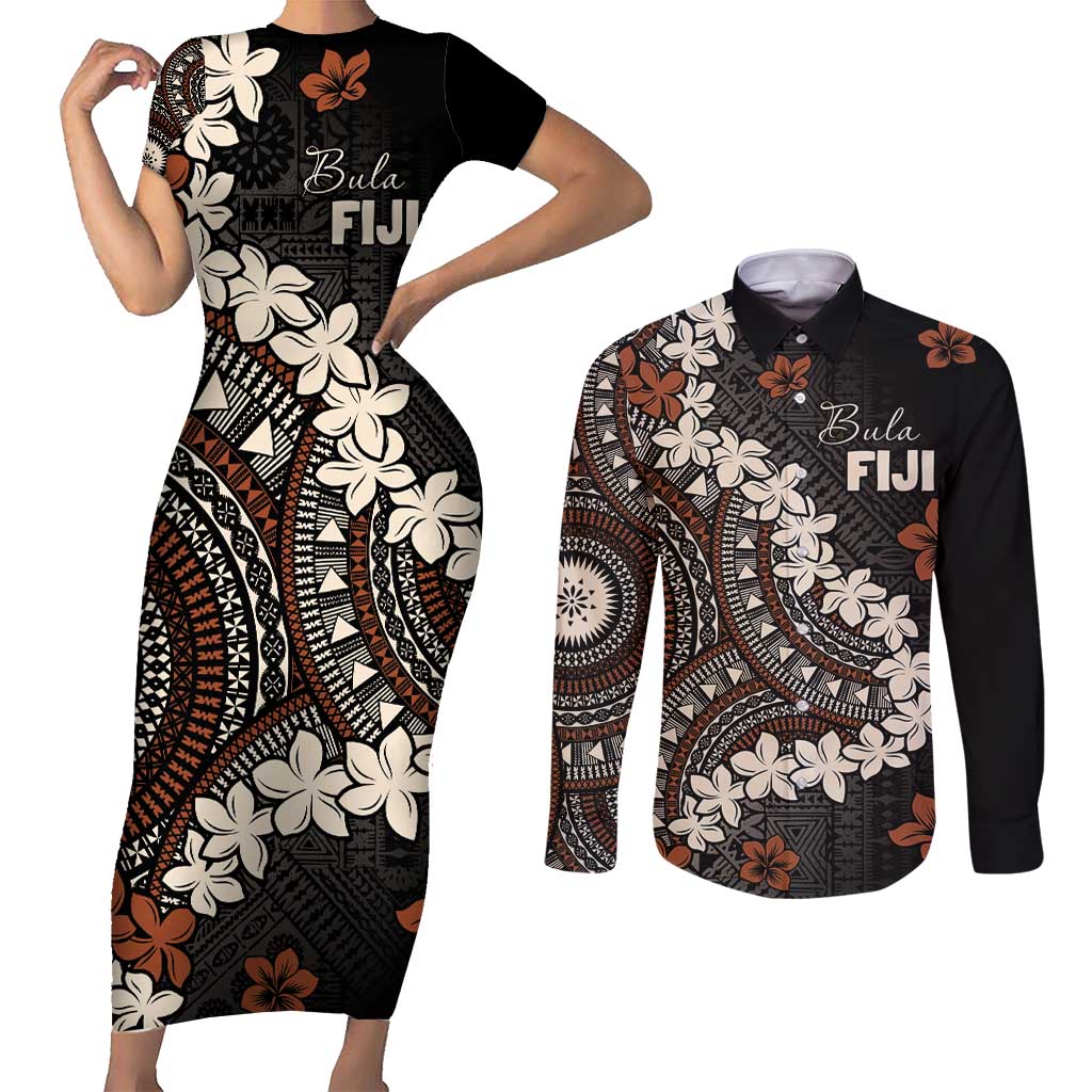 Bula Fiji Women's Day Couples Matching Short Sleeve Bodycon Dress and Long Sleeve Button Shirt Classic Masi Tapa