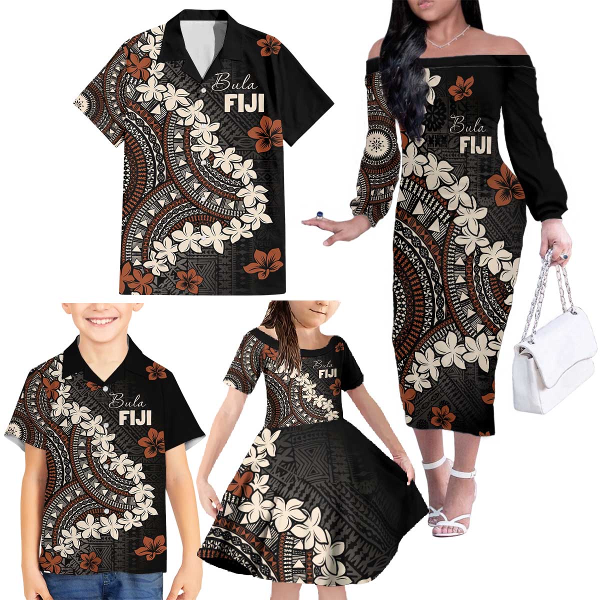 Bula Fiji Women's Day Family Matching Off The Shoulder Long Sleeve Dress and Hawaiian Shirt Classic Masi Tapa