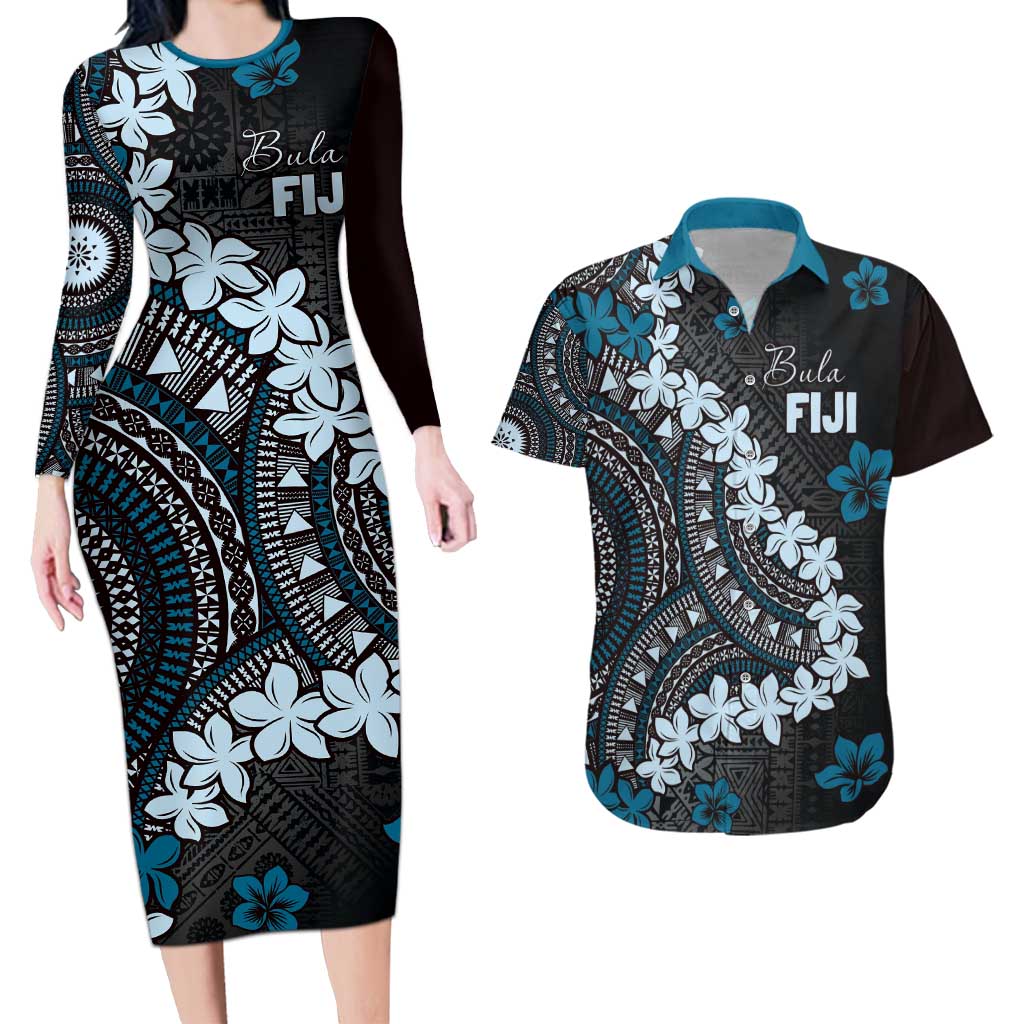 Bula Fiji Women's Day Couples Matching Long Sleeve Bodycon Dress and Hawaiian Shirt Indigo Masi Tapa