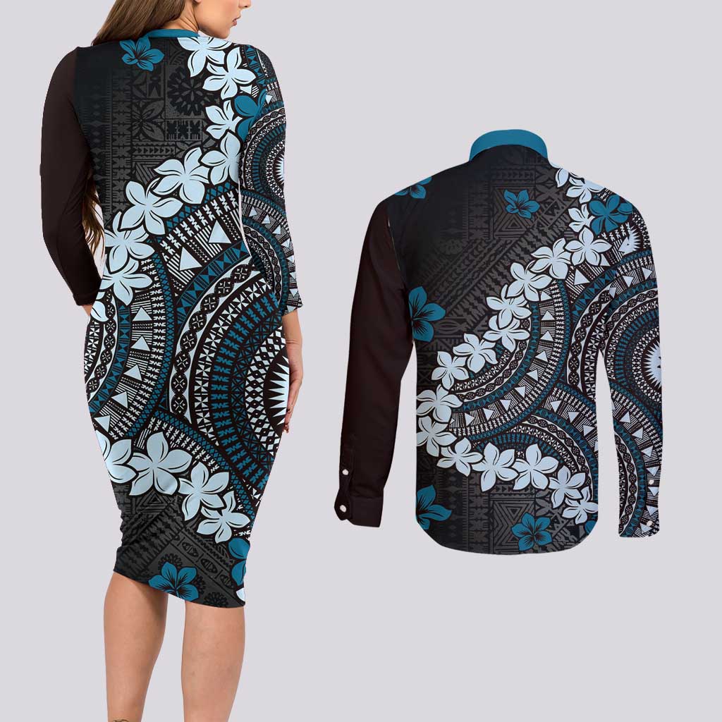 Bula Fiji Women's Day Couples Matching Long Sleeve Bodycon Dress and Long Sleeve Button Shirt Indigo Masi Tapa