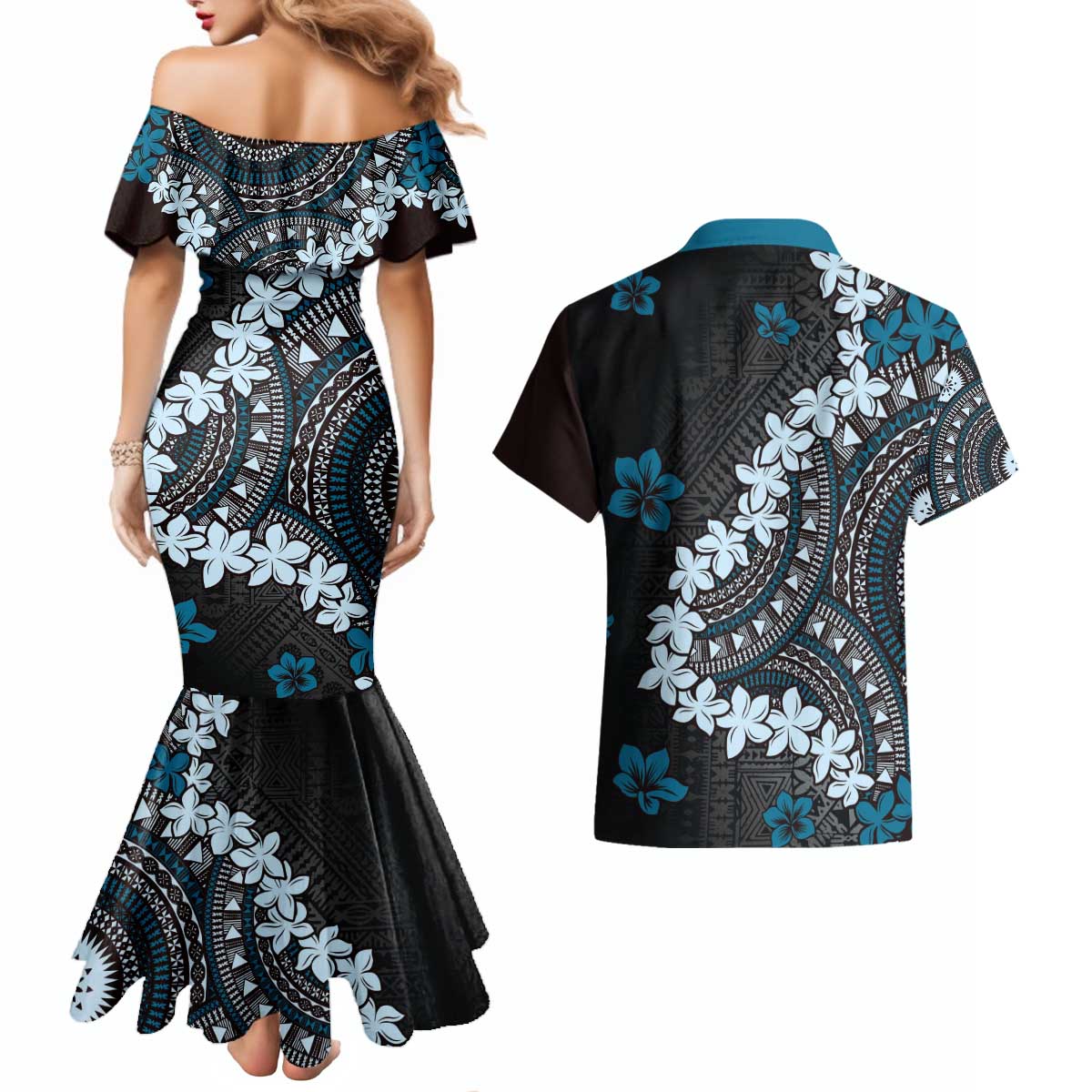 Bula Fiji Women's Day Couples Matching Mermaid Dress and Hawaiian Shirt Indigo Masi Tapa
