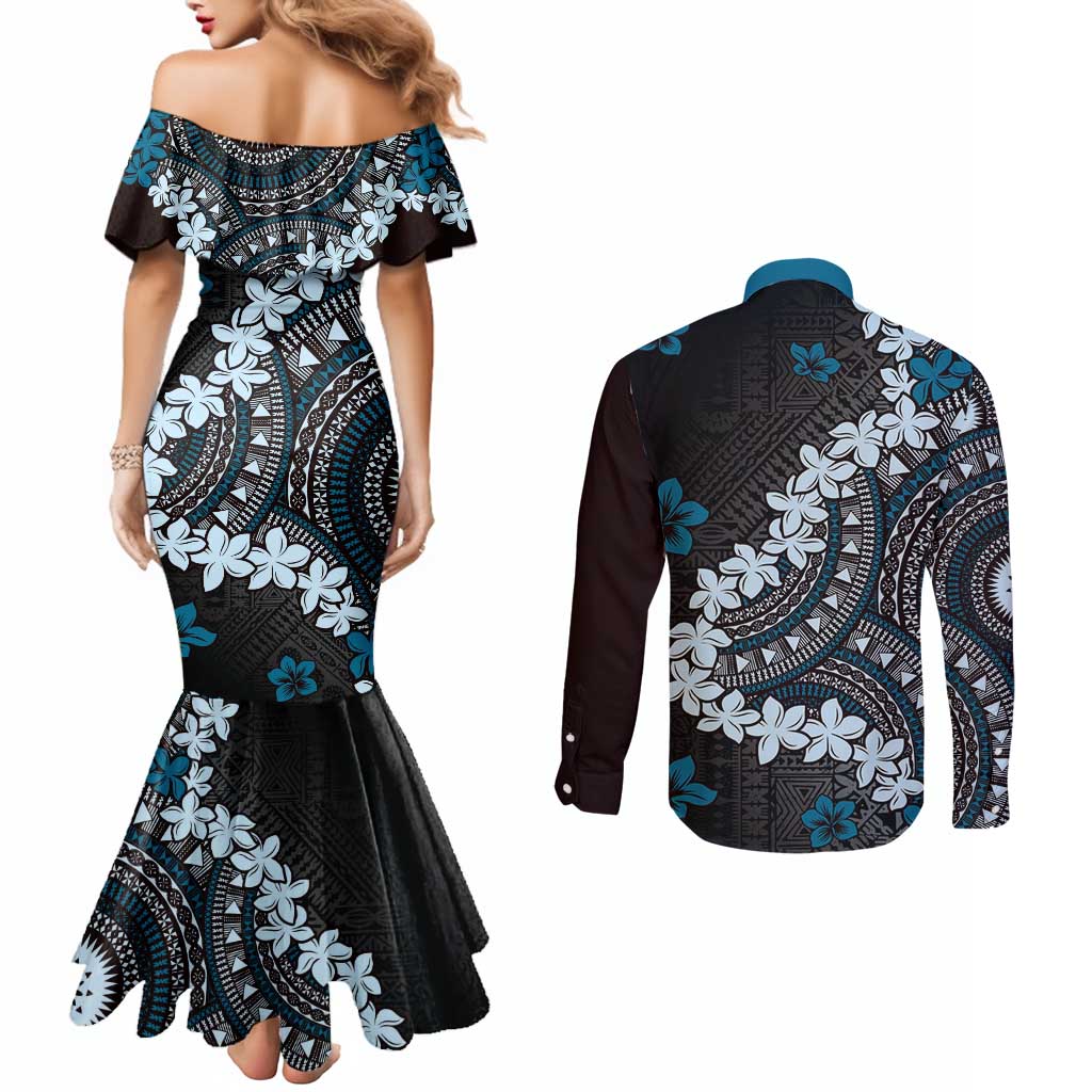 Bula Fiji Women's Day Couples Matching Mermaid Dress and Long Sleeve Button Shirt Indigo Masi Tapa