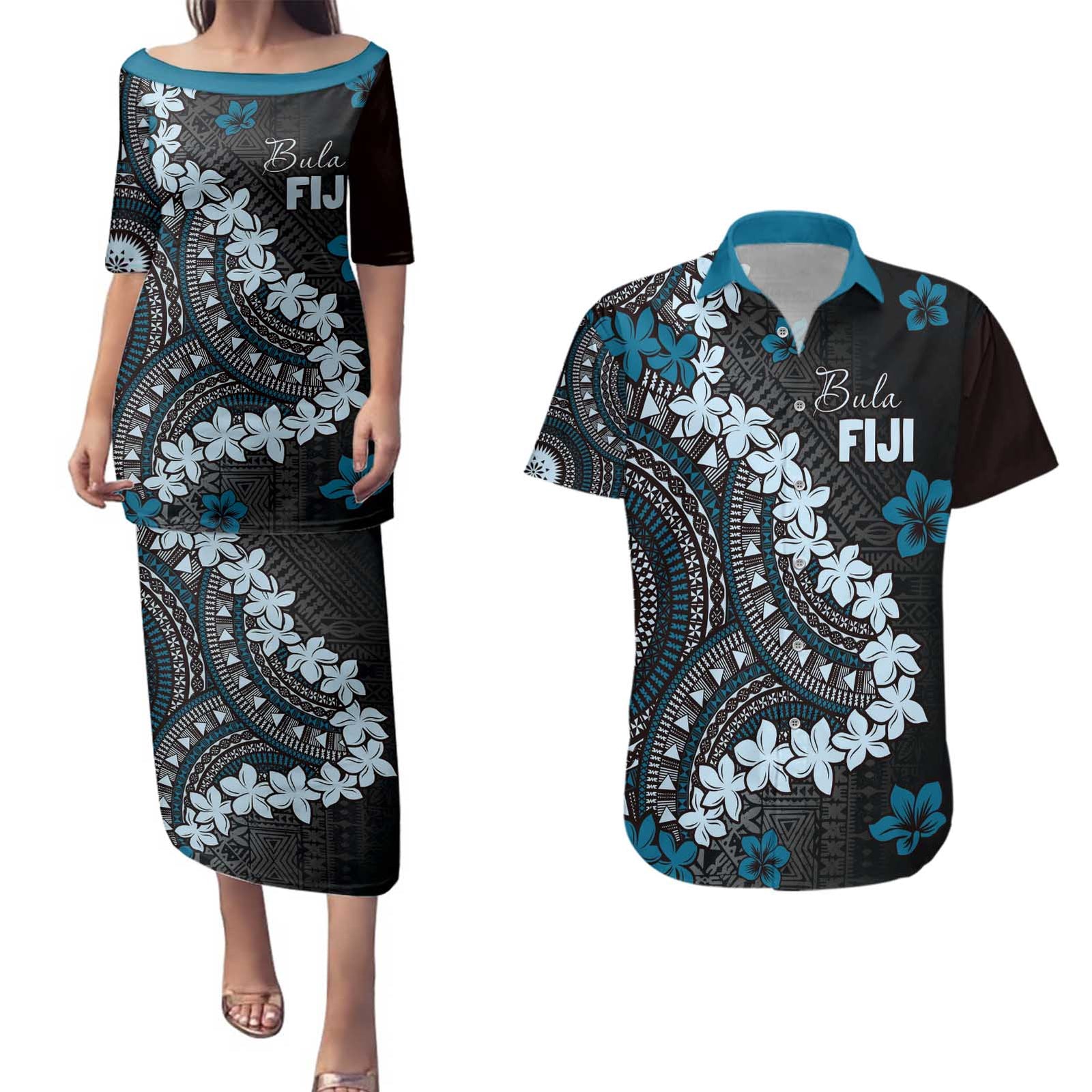 Bula Fiji Women's Day Couples Matching Puletasi and Hawaiian Shirt Indigo Masi Tapa