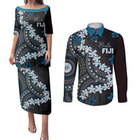 Bula Fiji Women's Day Couples Matching Puletasi and Long Sleeve Button Shirt Indigo Masi Tapa LT7 Indigo - Polynesian Pride