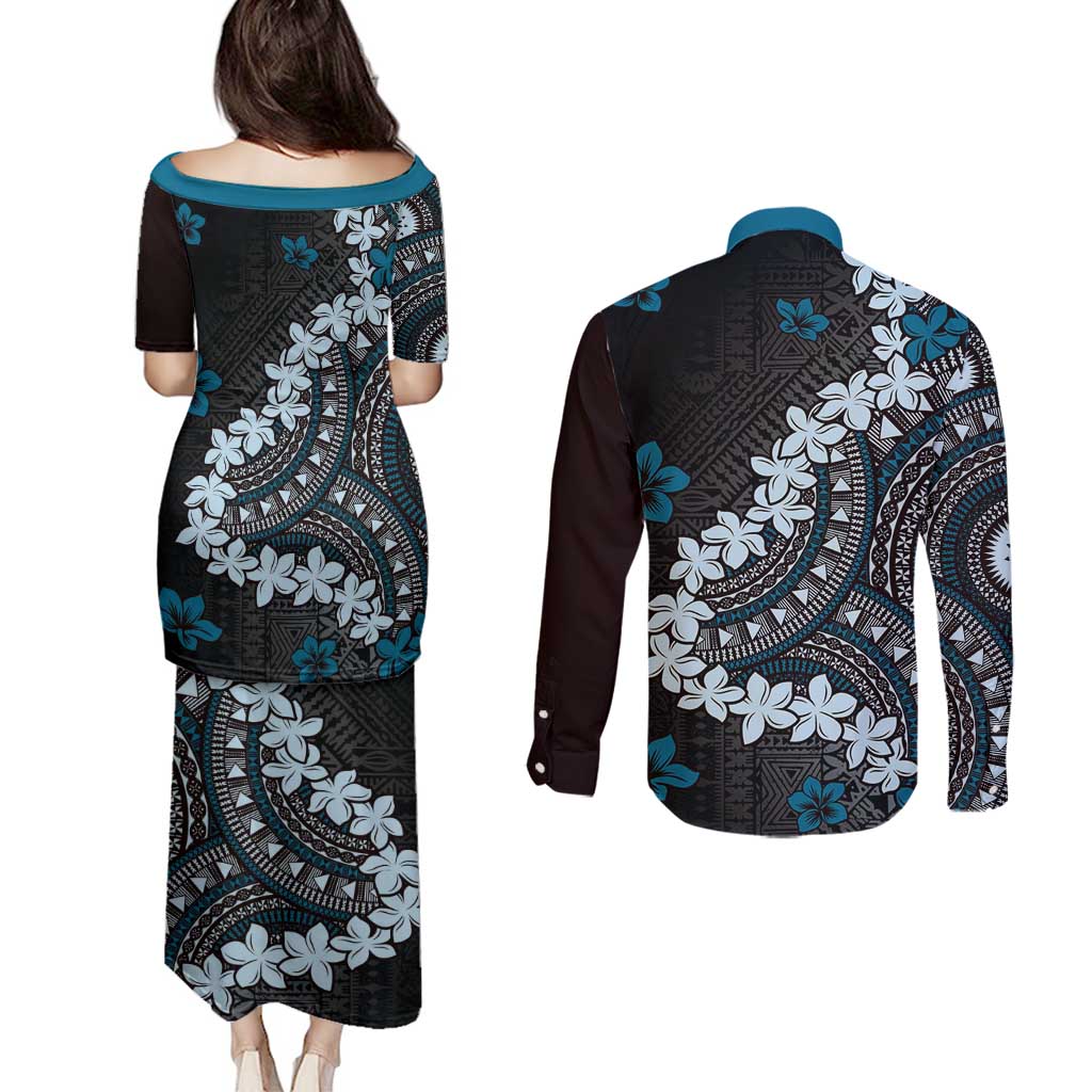 Bula Fiji Women's Day Couples Matching Puletasi and Long Sleeve Button Shirt Indigo Masi Tapa LT7 - Polynesian Pride