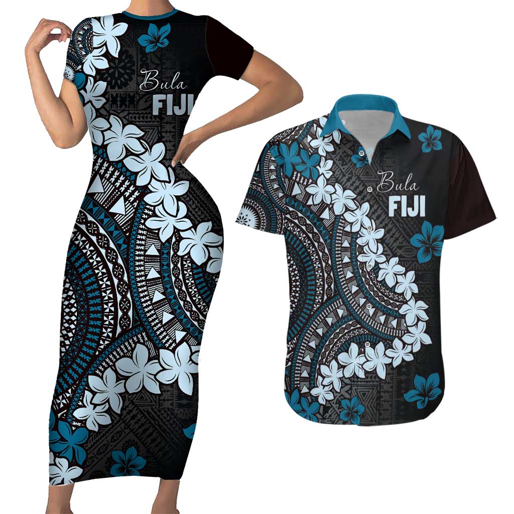 Bula Fiji Women's Day Couples Matching Short Sleeve Bodycon Dress and Hawaiian Shirt Indigo Masi Tapa