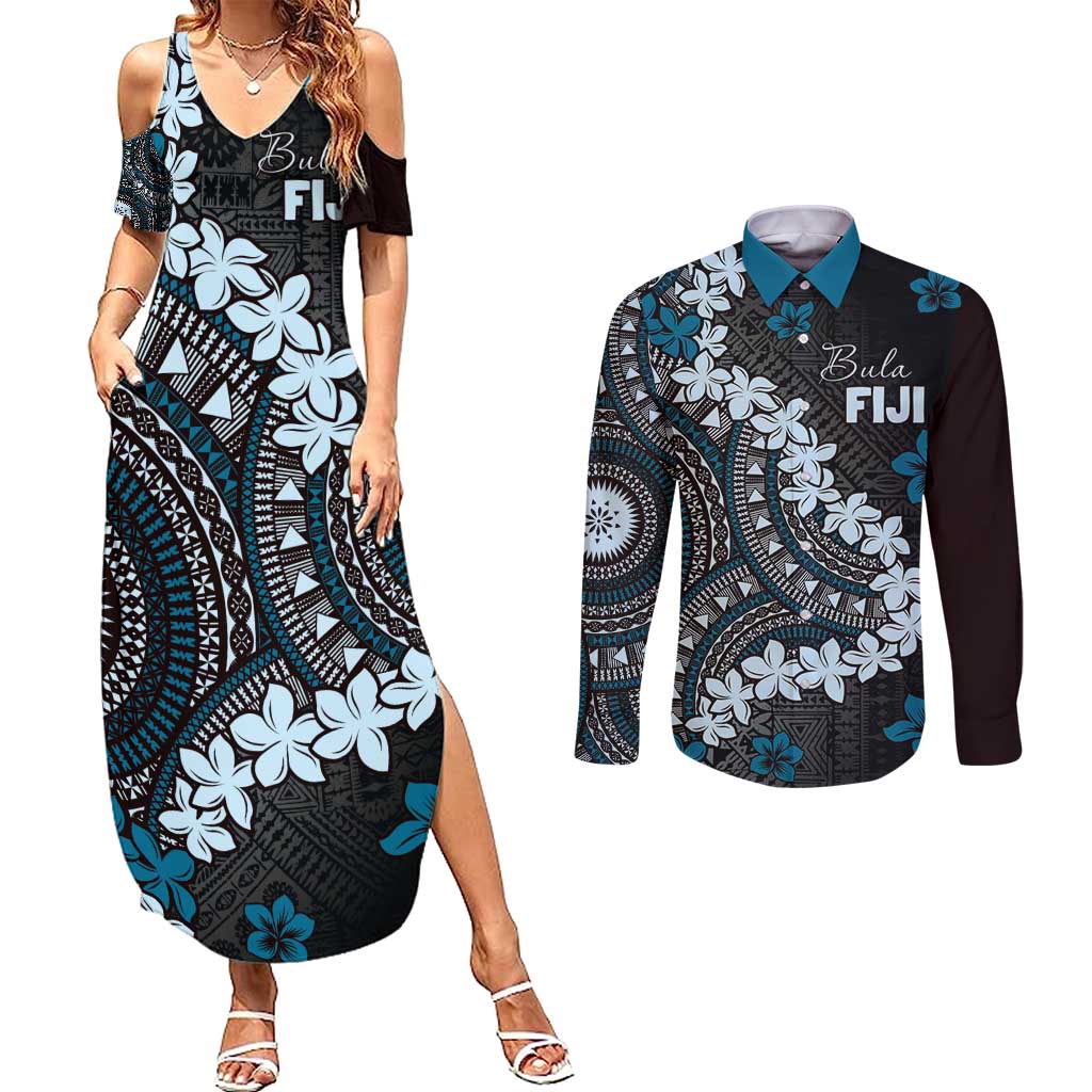 Bula Fiji Women's Day Couples Matching Summer Maxi Dress and Long Sleeve Button Shirt Indigo Masi Tapa