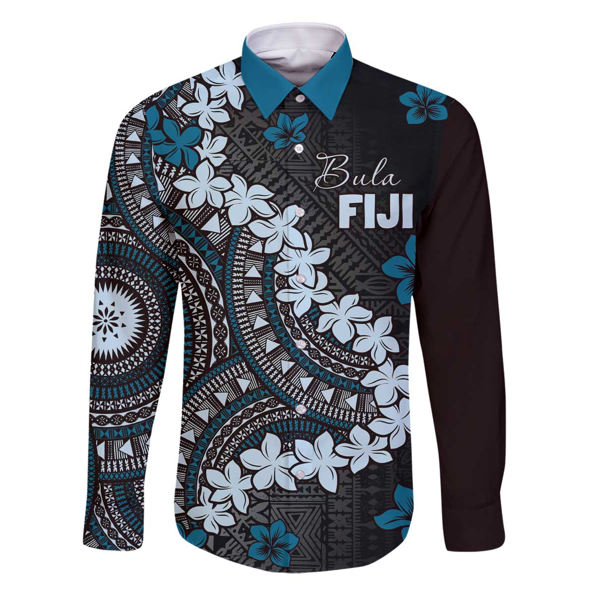 Bula Fiji Women's Day Family Matching Off The Shoulder Long Sleeve Dress and Hawaiian Shirt Indigo Masi Tapa