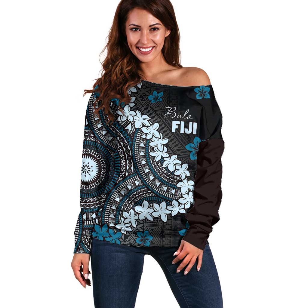Bula Fiji Women's Day Off Shoulder Sweater Indigo Masi Tapa