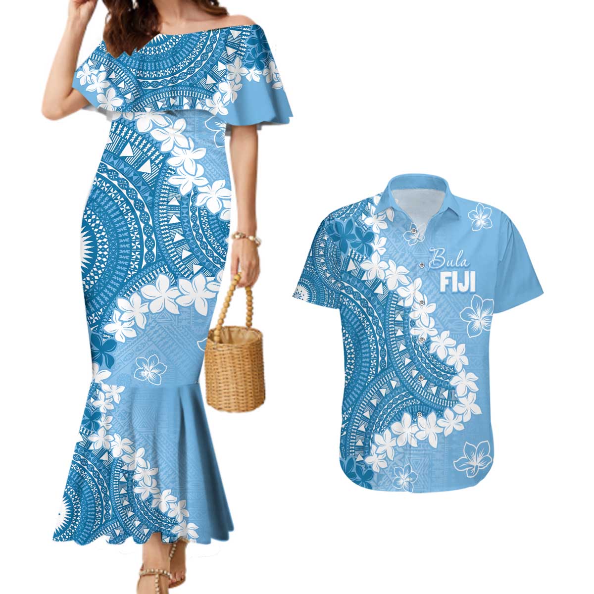 Bula Fiji Women's Day Couples Matching Mermaid Dress and Hawaiian Shirt Turquoise Masi Tapa