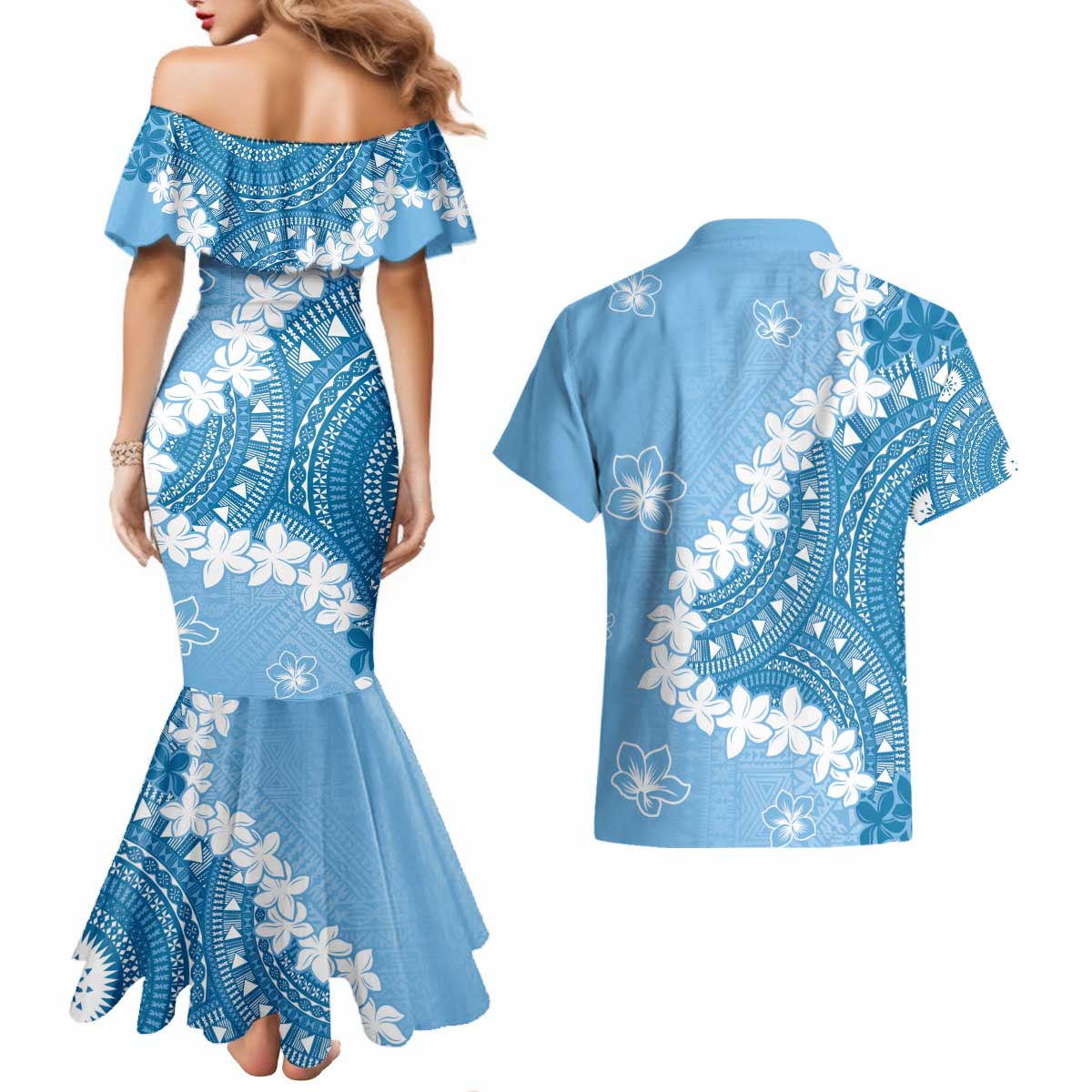 Bula Fiji Women's Day Couples Matching Mermaid Dress and Hawaiian Shirt Turquoise Masi Tapa