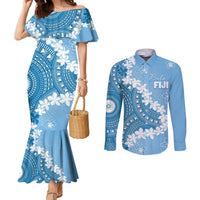 Bula Fiji Women's Day Couples Matching Mermaid Dress and Long Sleeve Button Shirt Turquoise Masi Tapa