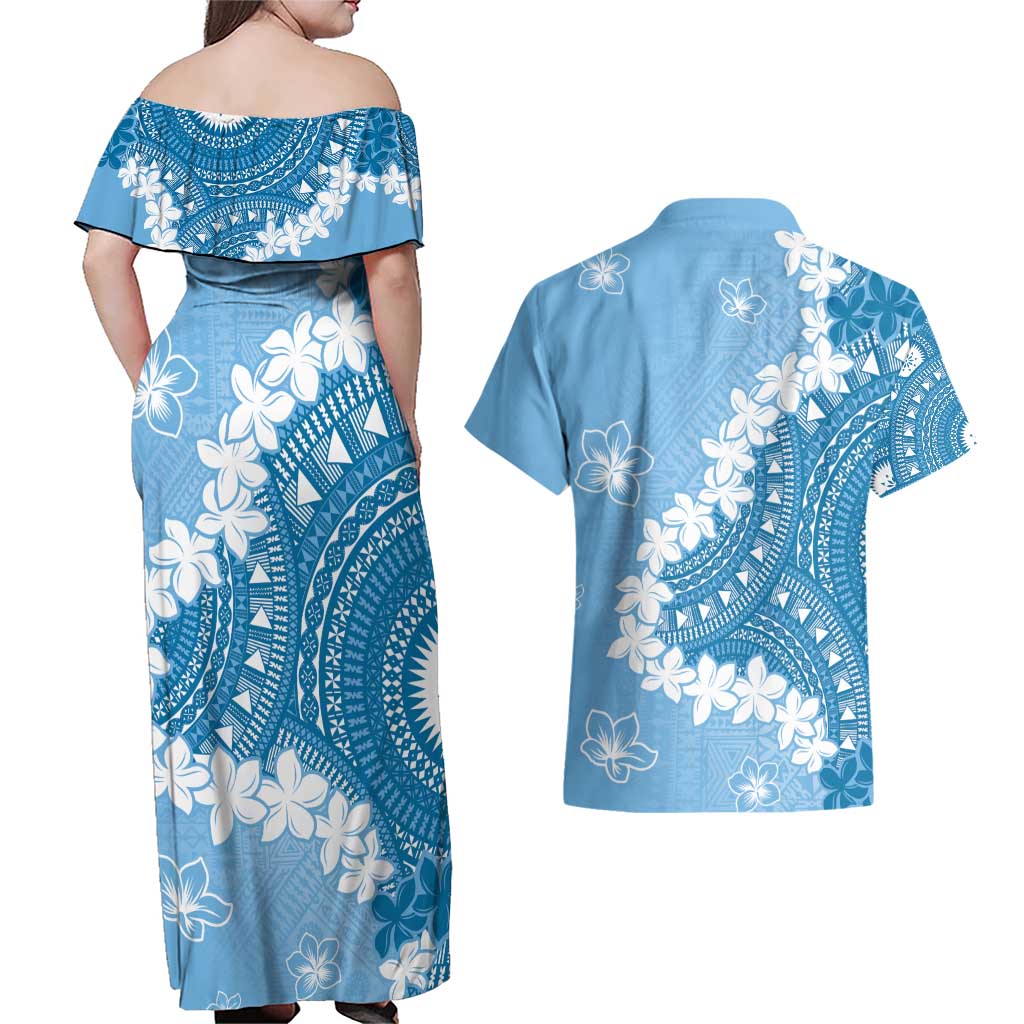 Bula Fiji Women's Day Couples Matching Off Shoulder Maxi Dress and Hawaiian Shirt Turquoise Masi Tapa
