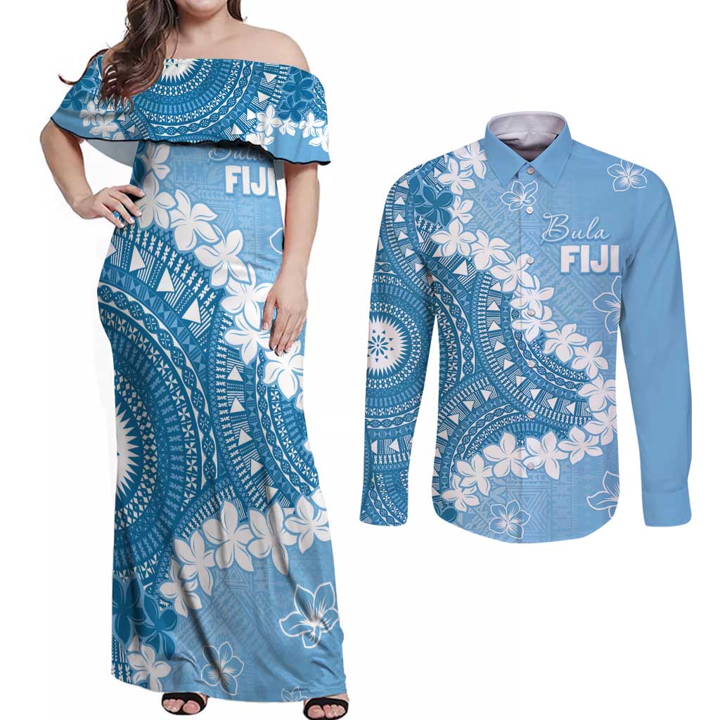 Bula Fiji Women's Day Couples Matching Off Shoulder Maxi Dress and Long Sleeve Button Shirt Turquoise Masi Tapa