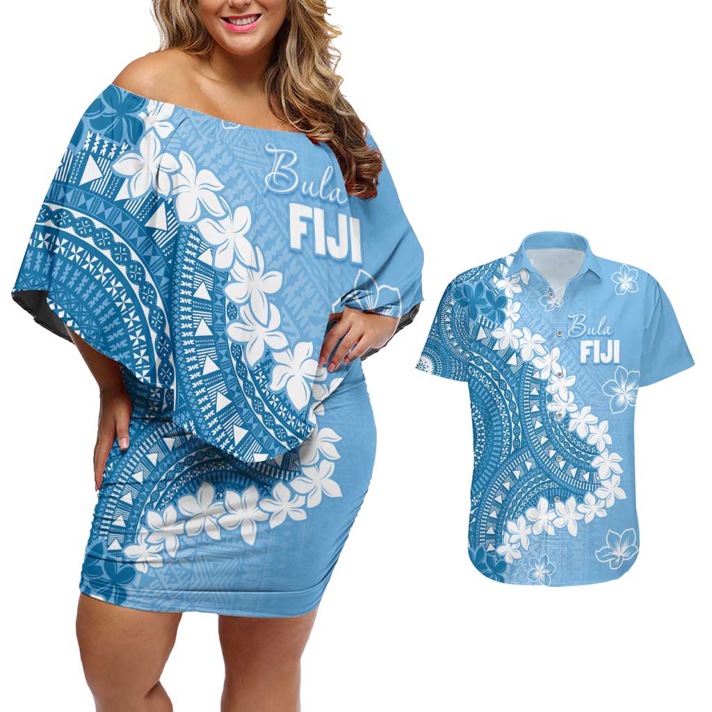 Bula Fiji Women's Day Couples Matching Off Shoulder Short Dress and Hawaiian Shirt Turquoise Masi Tapa