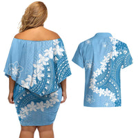 Bula Fiji Women's Day Couples Matching Off Shoulder Short Dress and Hawaiian Shirt Turquoise Masi Tapa