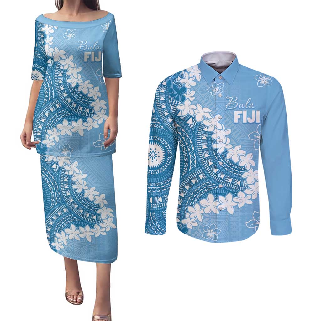 Bula Fiji Women's Day Couples Matching Puletasi and Long Sleeve Button Shirt Turquoise Masi Tapa LT7 Turquoise - Polynesian Pride
