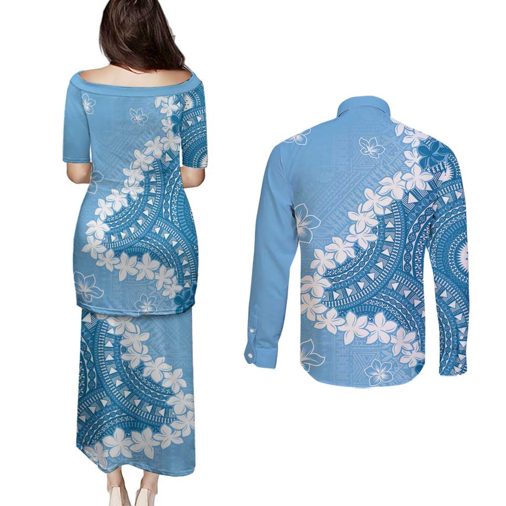 Bula Fiji Women's Day Couples Matching Puletasi and Long Sleeve Button Shirt Turquoise Masi Tapa LT7 - Polynesian Pride