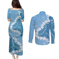 Bula Fiji Women's Day Couples Matching Puletasi and Long Sleeve Button Shirt Turquoise Masi Tapa LT7 - Polynesian Pride