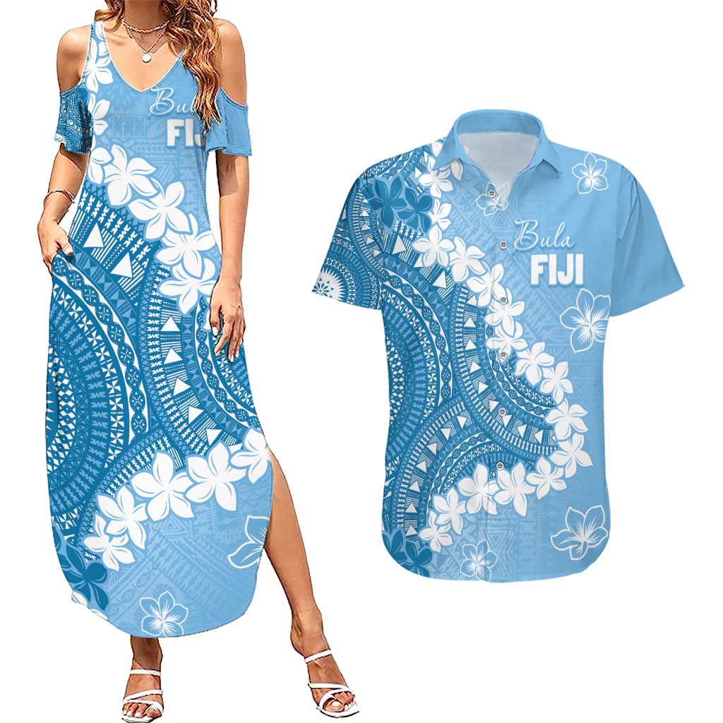 Bula Fiji Women's Day Couples Matching Summer Maxi Dress and Hawaiian Shirt Turquoise Masi Tapa
