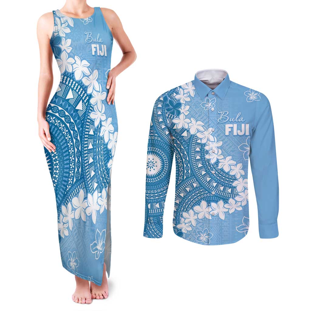 Bula Fiji Women's Day Couples Matching Tank Maxi Dress and Long Sleeve Button Shirt Turquoise Masi Tapa