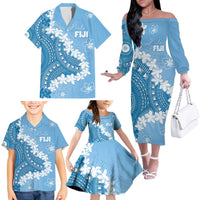 Bula Fiji Women's Day Family Matching Off The Shoulder Long Sleeve Dress and Hawaiian Shirt Turquoise Masi Tapa