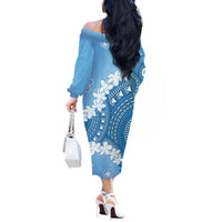 Bula Fiji Women's Day Off The Shoulder Long Sleeve Dress Turquoise Masi Tapa