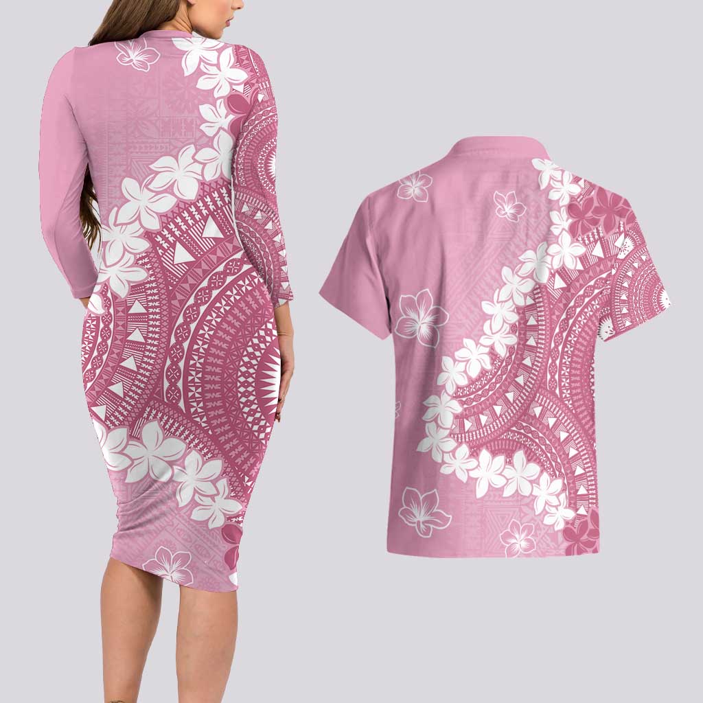 Bula Fiji Women's Day Couples Matching Long Sleeve Bodycon Dress and Hawaiian Shirt Pink Masi Tapa