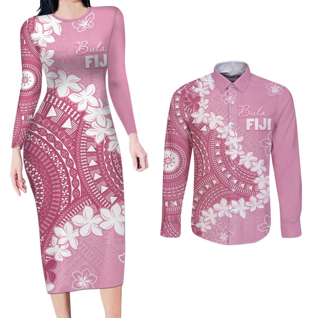 Bula Fiji Women's Day Couples Matching Long Sleeve Bodycon Dress and Long Sleeve Button Shirt Pink Masi Tapa