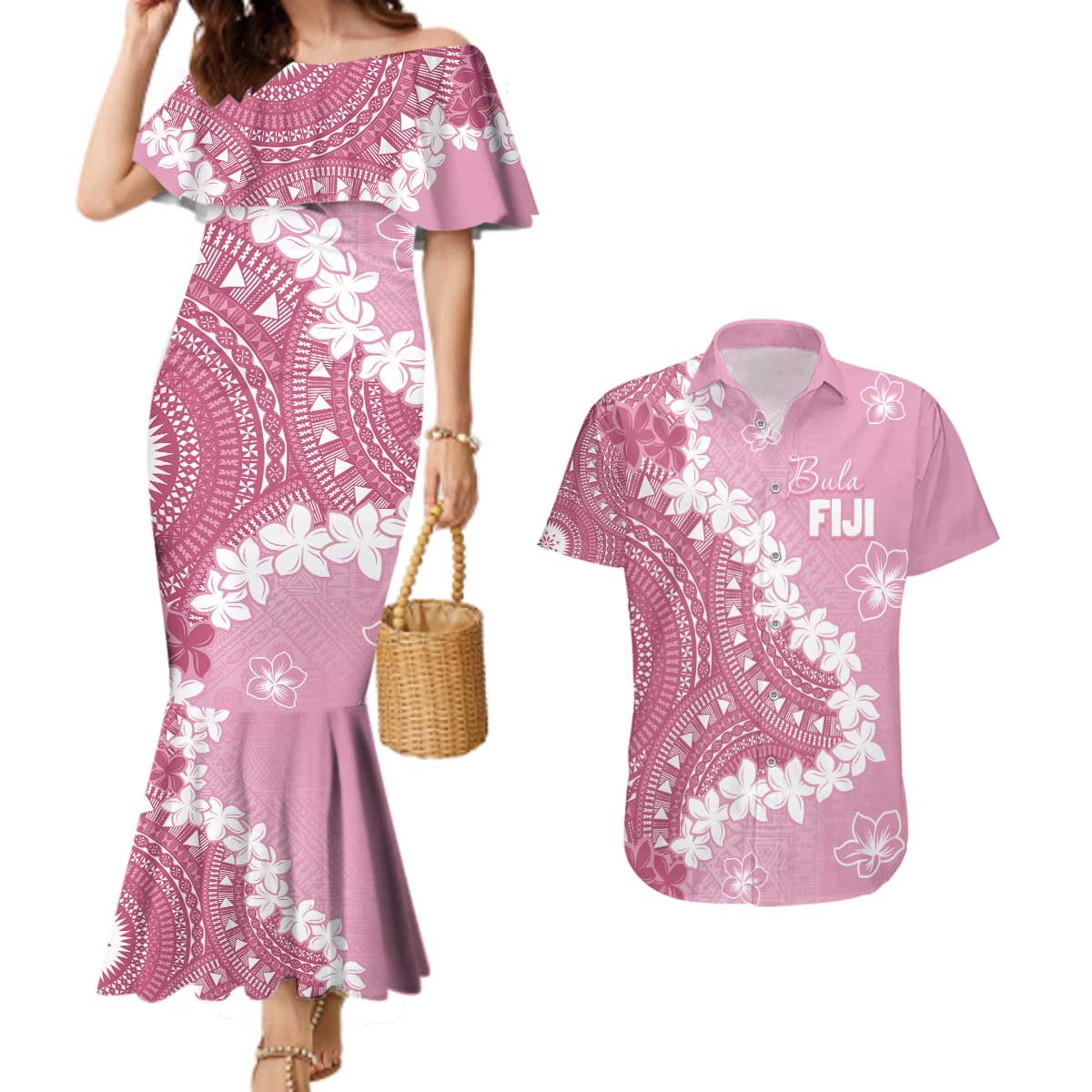 Bula Fiji Women's Day Couples Matching Mermaid Dress and Hawaiian Shirt Pink Masi Tapa