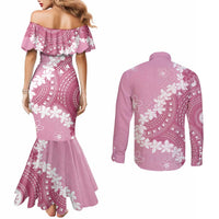 Bula Fiji Women's Day Couples Matching Mermaid Dress and Long Sleeve Button Shirt Pink Masi Tapa