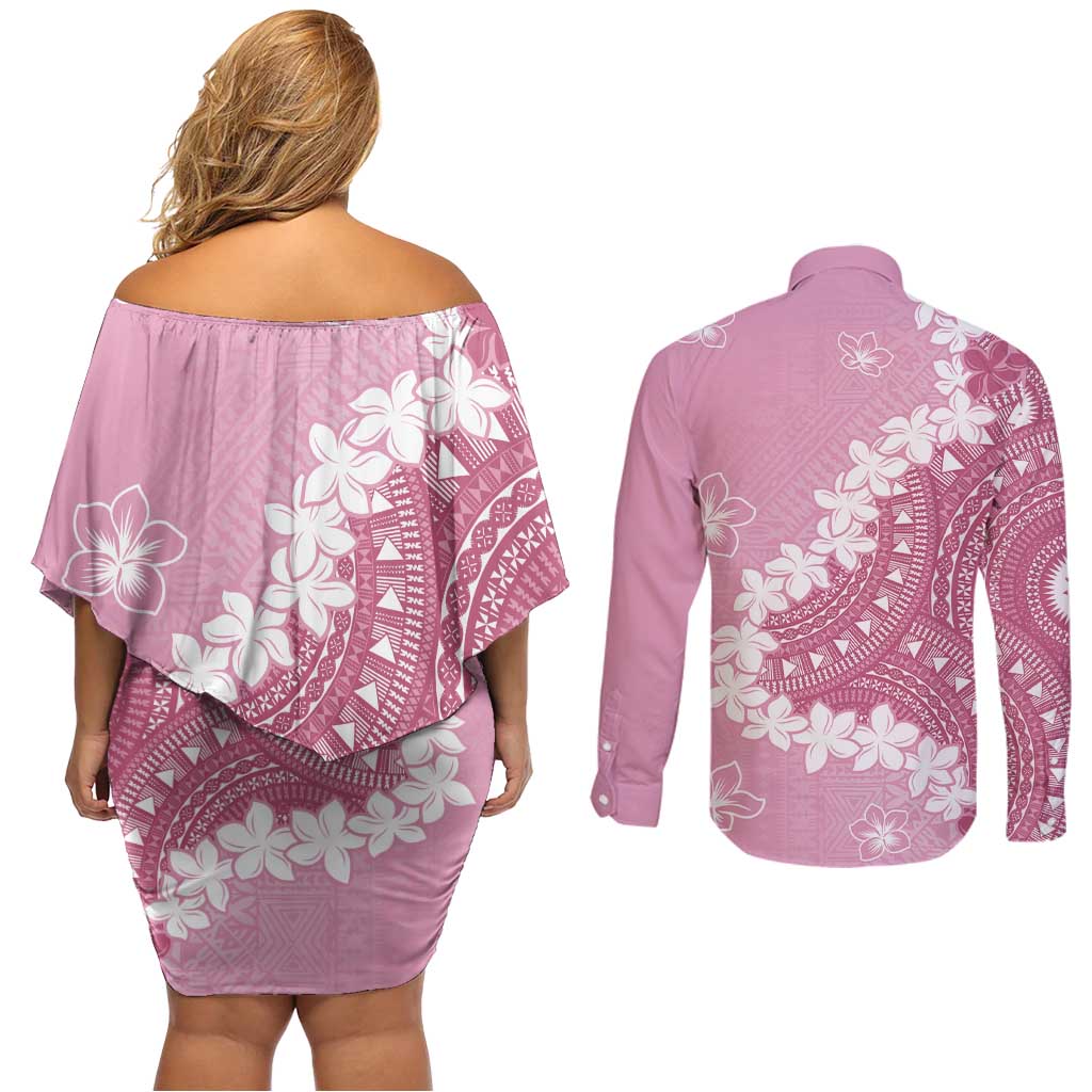 Bula Fiji Women's Day Couples Matching Off Shoulder Short Dress and Long Sleeve Button Shirt Pink Masi Tapa