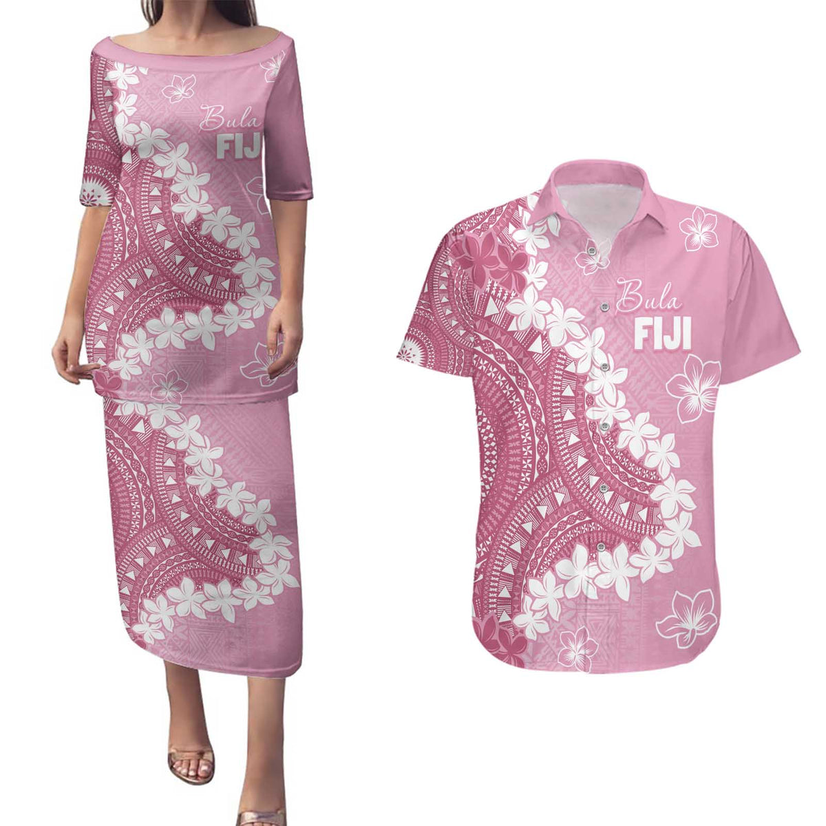 Bula Fiji Women's Day Couples Matching Puletasi and Hawaiian Shirt Pink Masi Tapa
