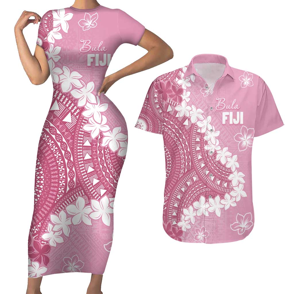 Bula Fiji Women's Day Couples Matching Short Sleeve Bodycon Dress and Hawaiian Shirt Pink Masi Tapa