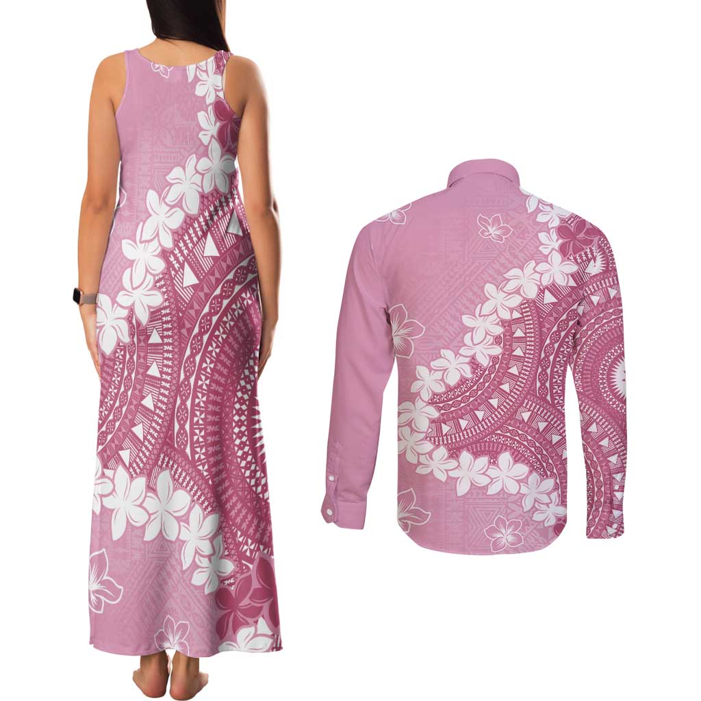 Bula Fiji Women's Day Couples Matching Tank Maxi Dress and Long Sleeve Button Shirt Pink Masi Tapa