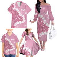 Bula Fiji Women's Day Family Matching Off The Shoulder Long Sleeve Dress and Hawaiian Shirt Pink Masi Tapa