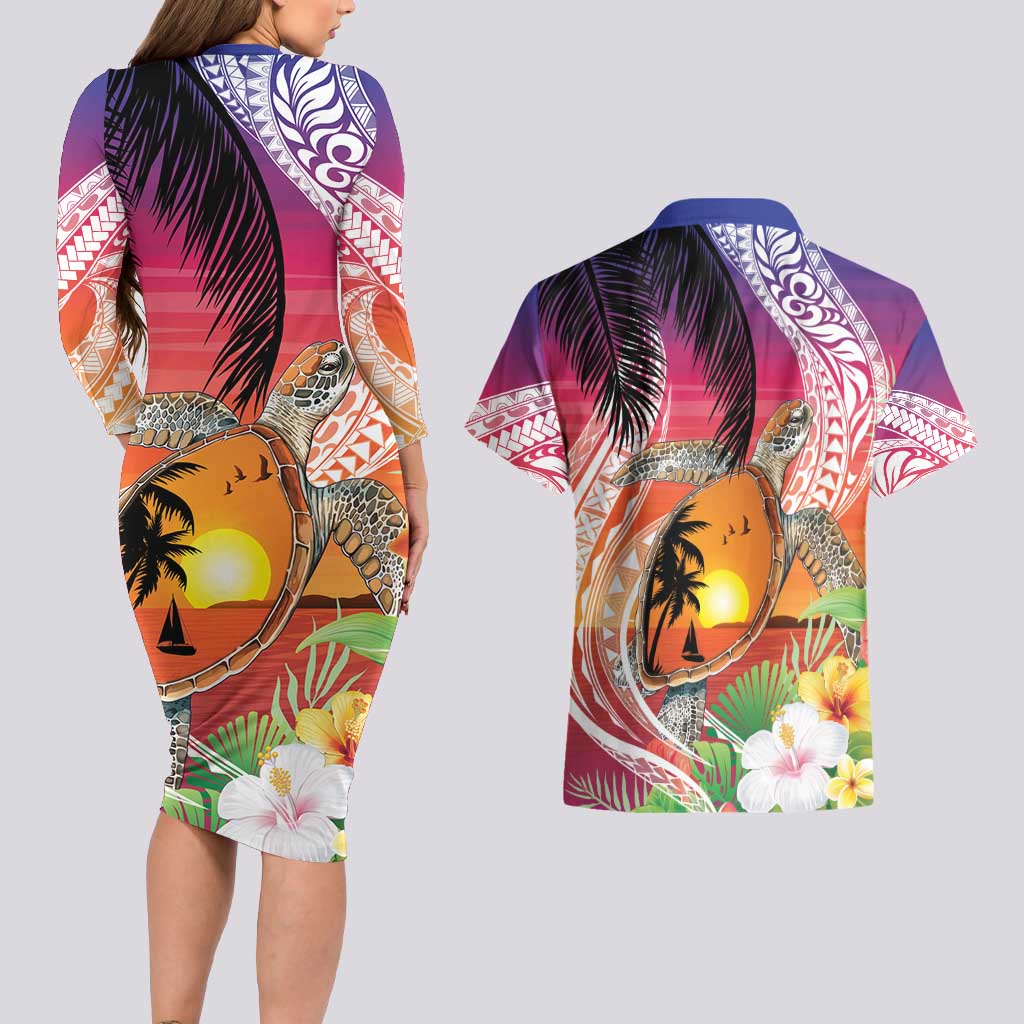 Polynesian Dreamy Turtle Couples Matching Long Sleeve Bodycon Dress and Hawaiian Shirt Sunset Scenery