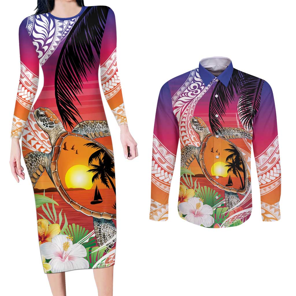 Polynesian Dreamy Turtle Couples Matching Long Sleeve Bodycon Dress and Long Sleeve Button Shirt Sunset Scenery