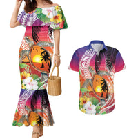 Polynesian Dreamy Turtle Couples Matching Mermaid Dress and Hawaiian Shirt Sunset Scenery