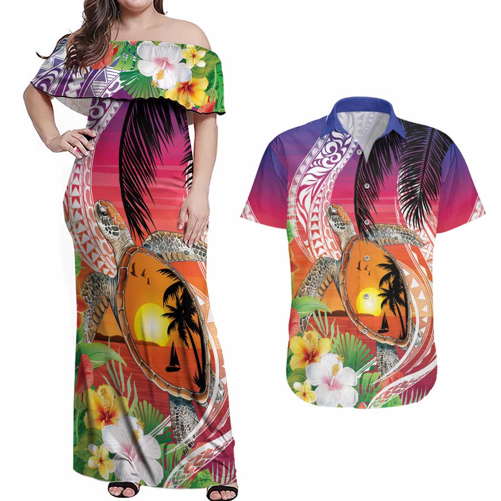 Polynesian Dreamy Turtle Couples Matching Off Shoulder Maxi Dress and Hawaiian Shirt Sunset Scenery