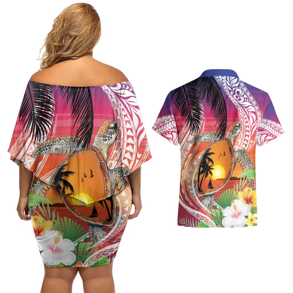 Polynesian Dreamy Turtle Couples Matching Off Shoulder Short Dress and Hawaiian Shirt Sunset Scenery