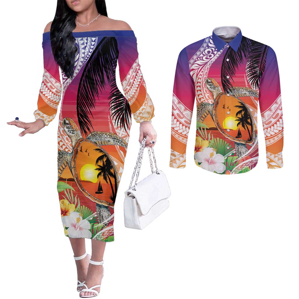 Polynesian Dreamy Turtle Couples Matching Off The Shoulder Long Sleeve Dress and Long Sleeve Button Shirt Sunset Scenery LT7 Art - Polynesian Pride