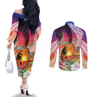 Polynesian Dreamy Turtle Couples Matching Off The Shoulder Long Sleeve Dress and Long Sleeve Button Shirt Sunset Scenery