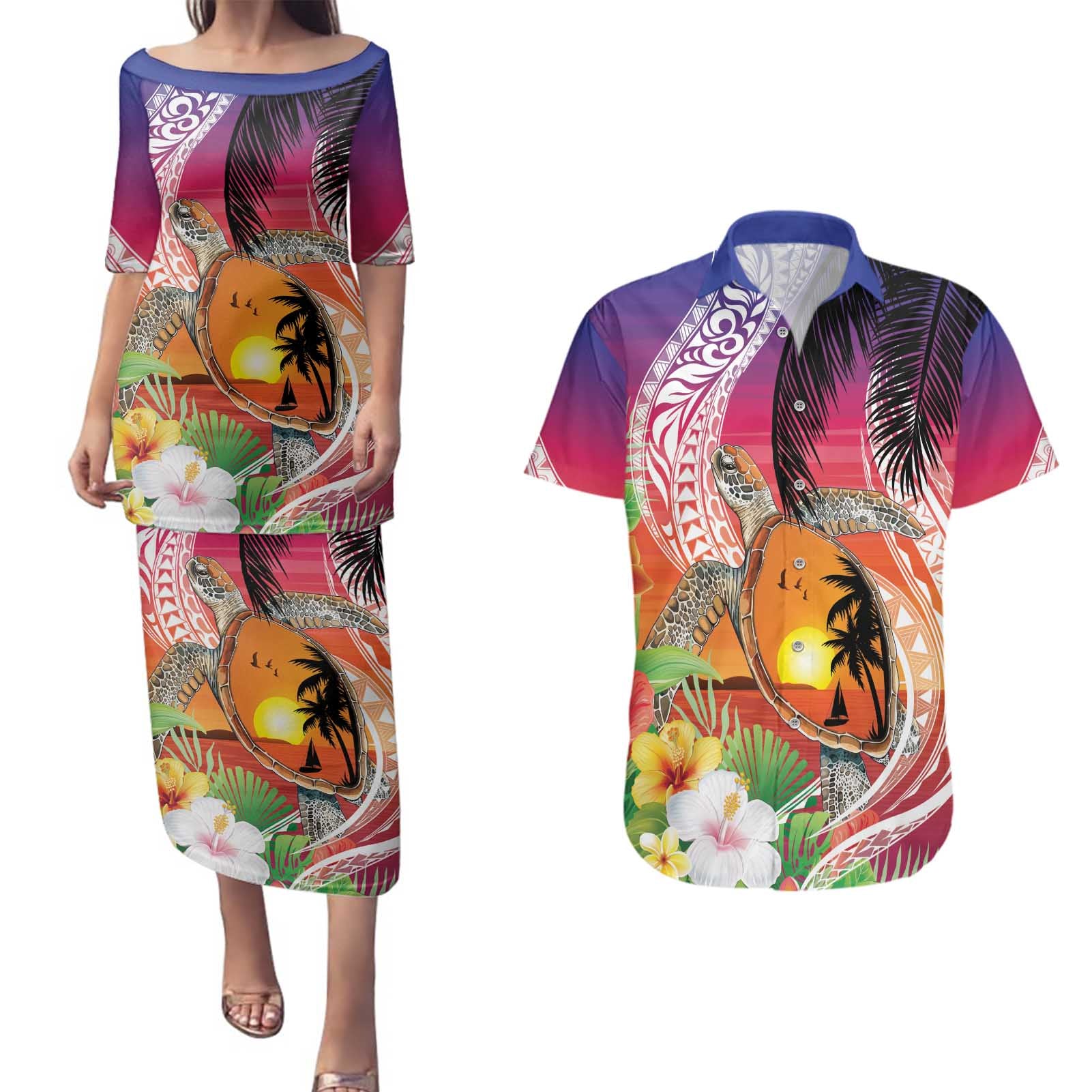 Polynesian Dreamy Turtle Couples Matching Puletasi and Hawaiian Shirt Sunset Scenery