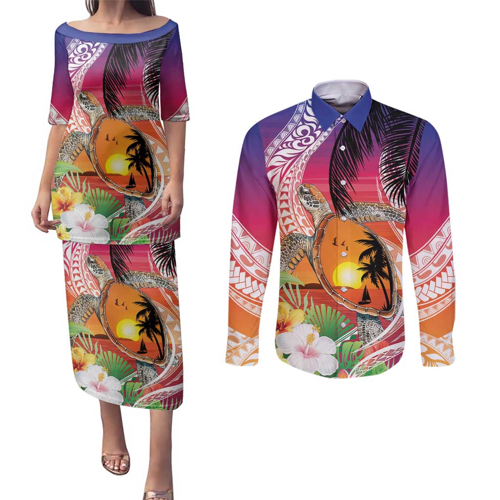 Polynesian Dreamy Turtle Couples Matching Puletasi and Long Sleeve Button Shirt Sunset Scenery