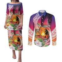 Polynesian Dreamy Turtle Couples Matching Puletasi and Long Sleeve Button Shirt Sunset Scenery