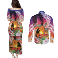 Polynesian Dreamy Turtle Couples Matching Puletasi and Long Sleeve Button Shirt Sunset Scenery