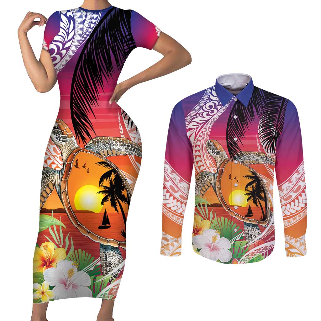 Polynesian Dreamy Turtle Couples Matching Short Sleeve Bodycon Dress and Long Sleeve Button Shirt Sunset Scenery